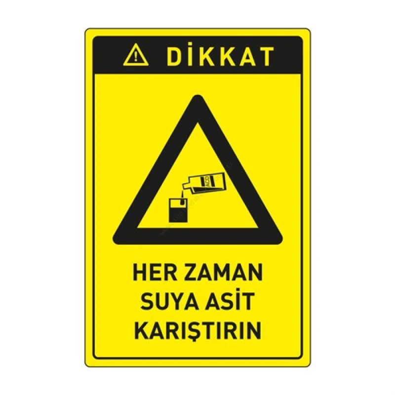 Dikkat Her Zaman Suya Asit Karıştırın Levhası